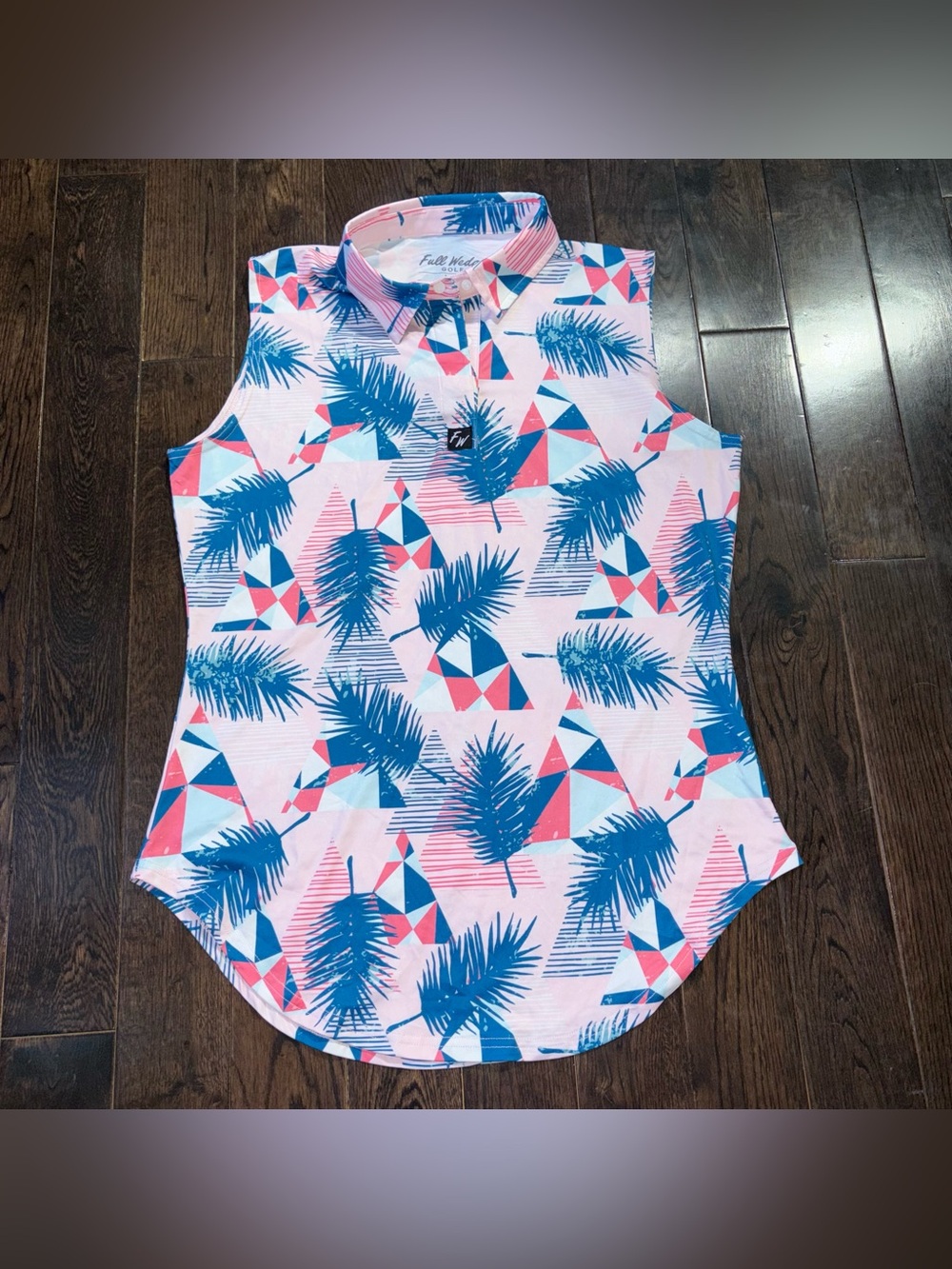 Full Wedge Sleeveless Golf Polo - Pink & Blue Palm Print